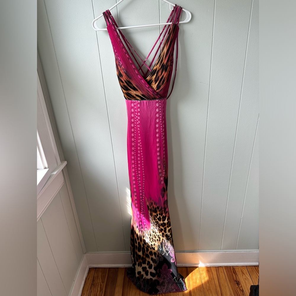 CeCe forever Pink Bodycon Cheetah Maxi Dress Plunge Neckline Open Back Dress - Picture 13 of 16